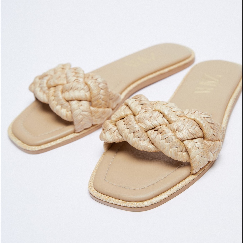 • Zara • Woven Raffia Flat Sandals